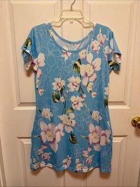 Floral Scoop Neck Blue Dress with Pockets